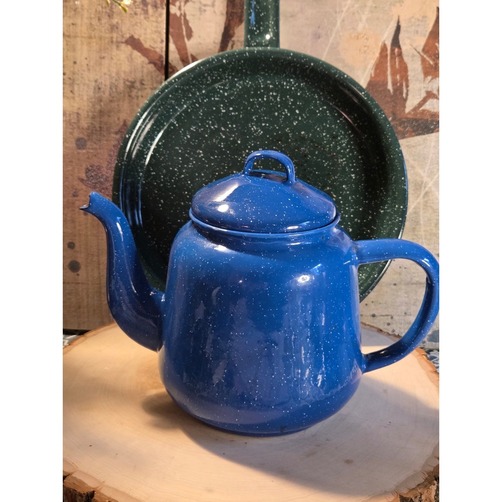 Vintage Jacaman Gift‎ Co Blue Speckled Enamel Teapot and Green Enamel Frying Pan